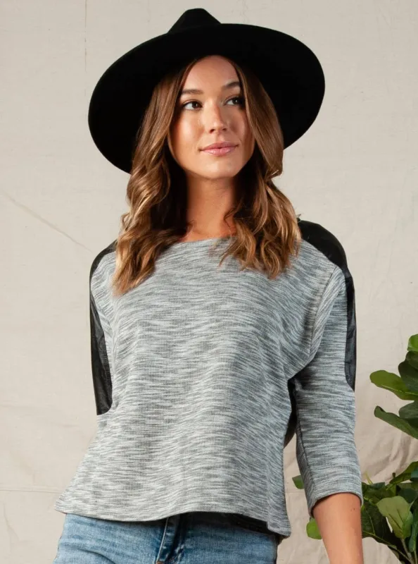 CONTRAST SLEEVES TOP-HEATHER GRAY sold by Lucca Couture