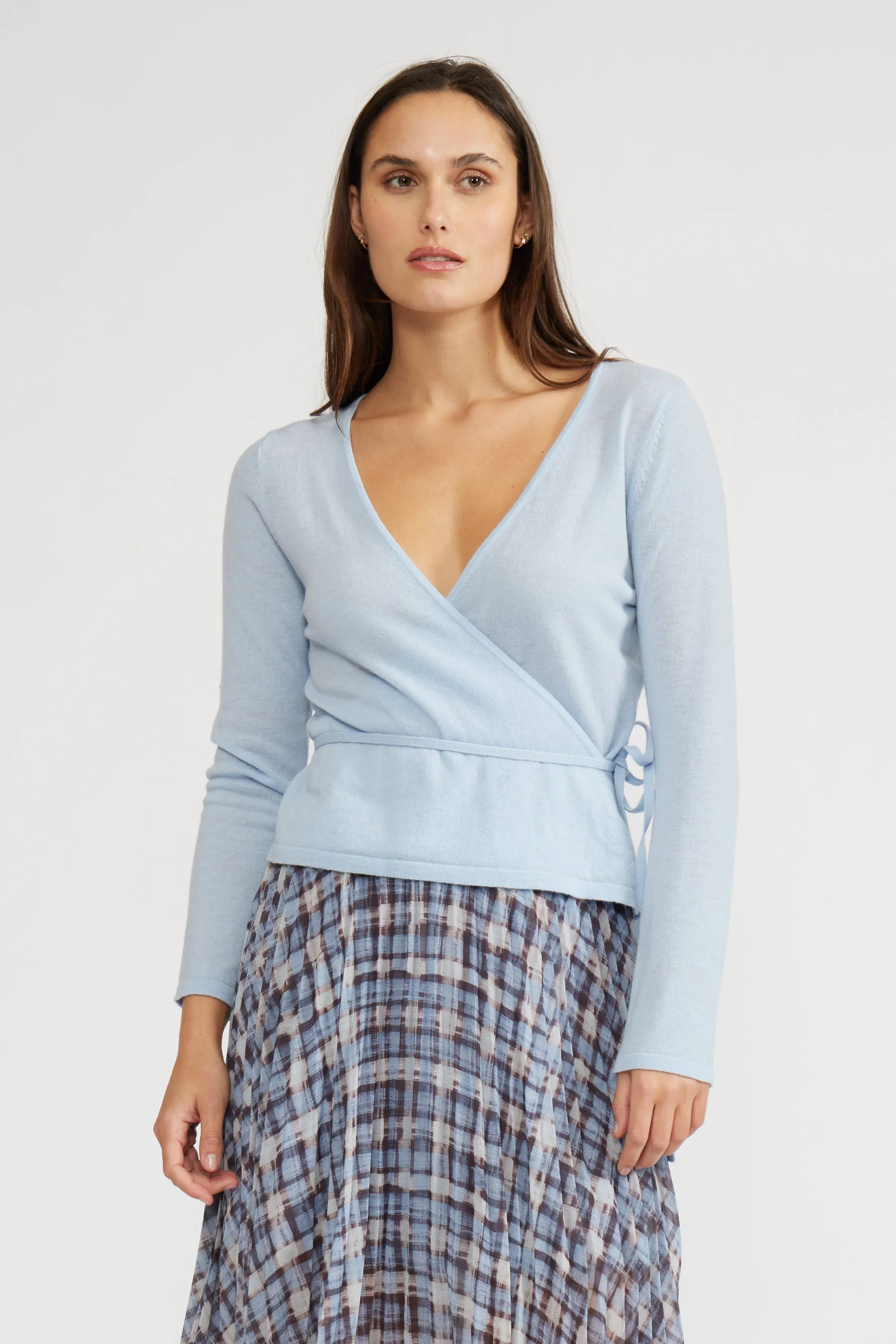 Dominic Faux Wrap Top - Sky Blue sold by Lucy Paris
