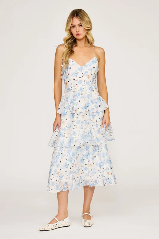 Maizie Tiered Dress - White Blue made by Lucy Paris