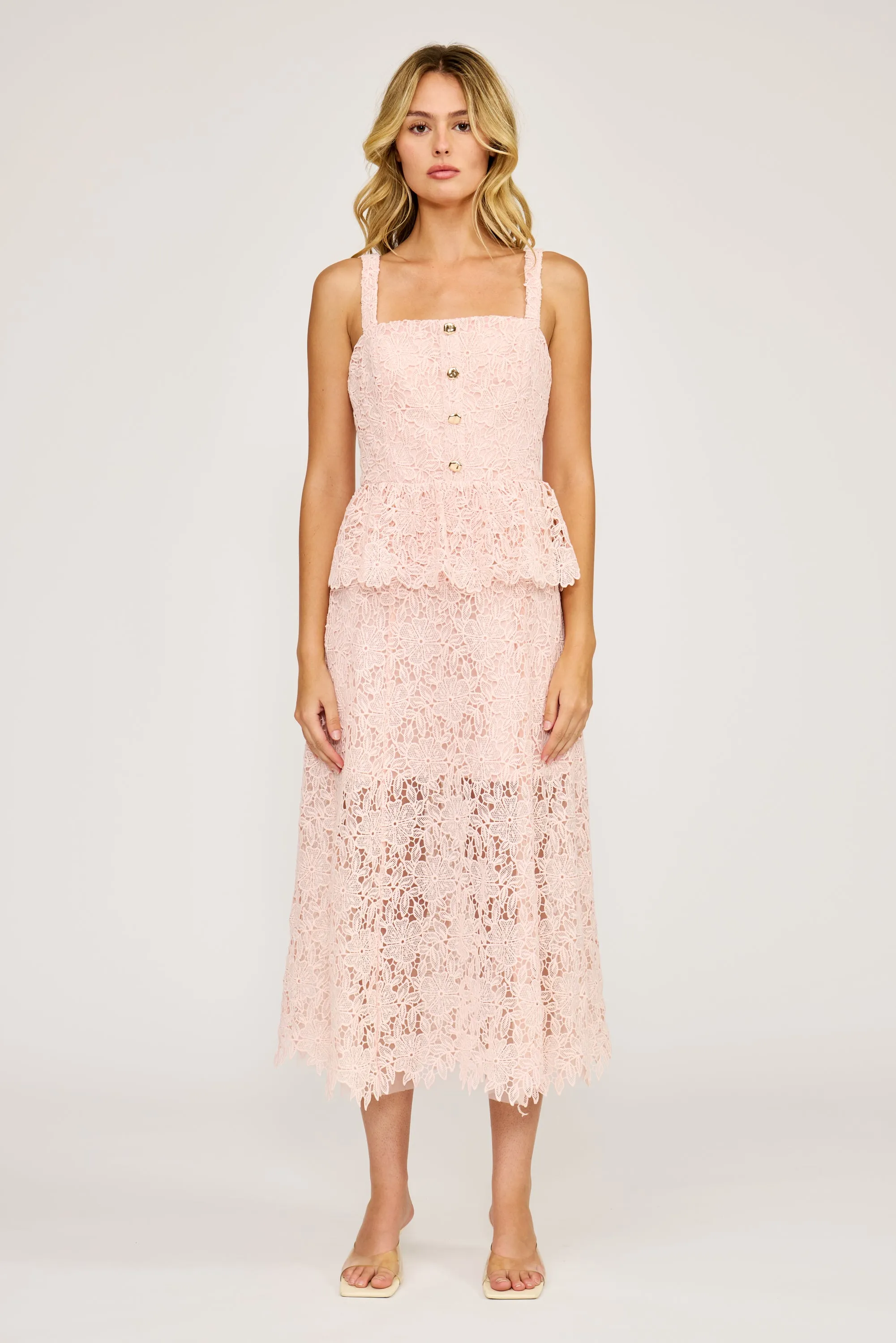 Rosalie Peplum Lace Dress - Light Pink sold by Lucy Paris