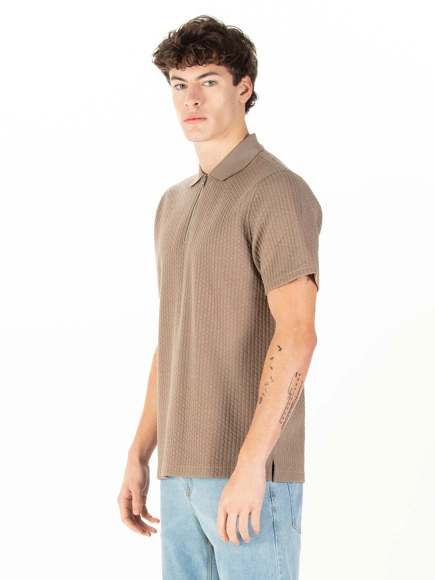 WAFFLE ON JACQUARD TEXTURED ZIP POLO sold by Luke 1977 product image thumbnail 3