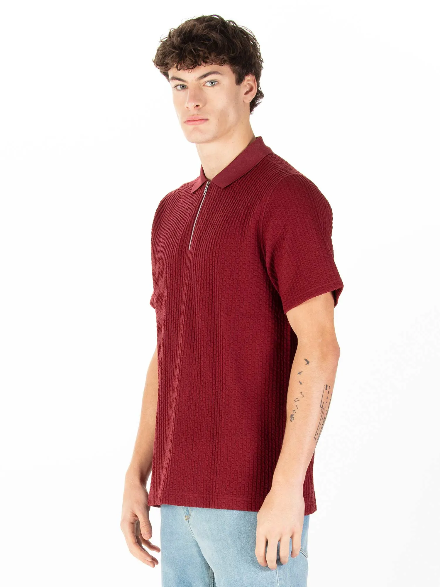 WAFFLE ON JACQUARD TEXTURED ZIP POLO sold by Luke 1977 product image thumbnail 3