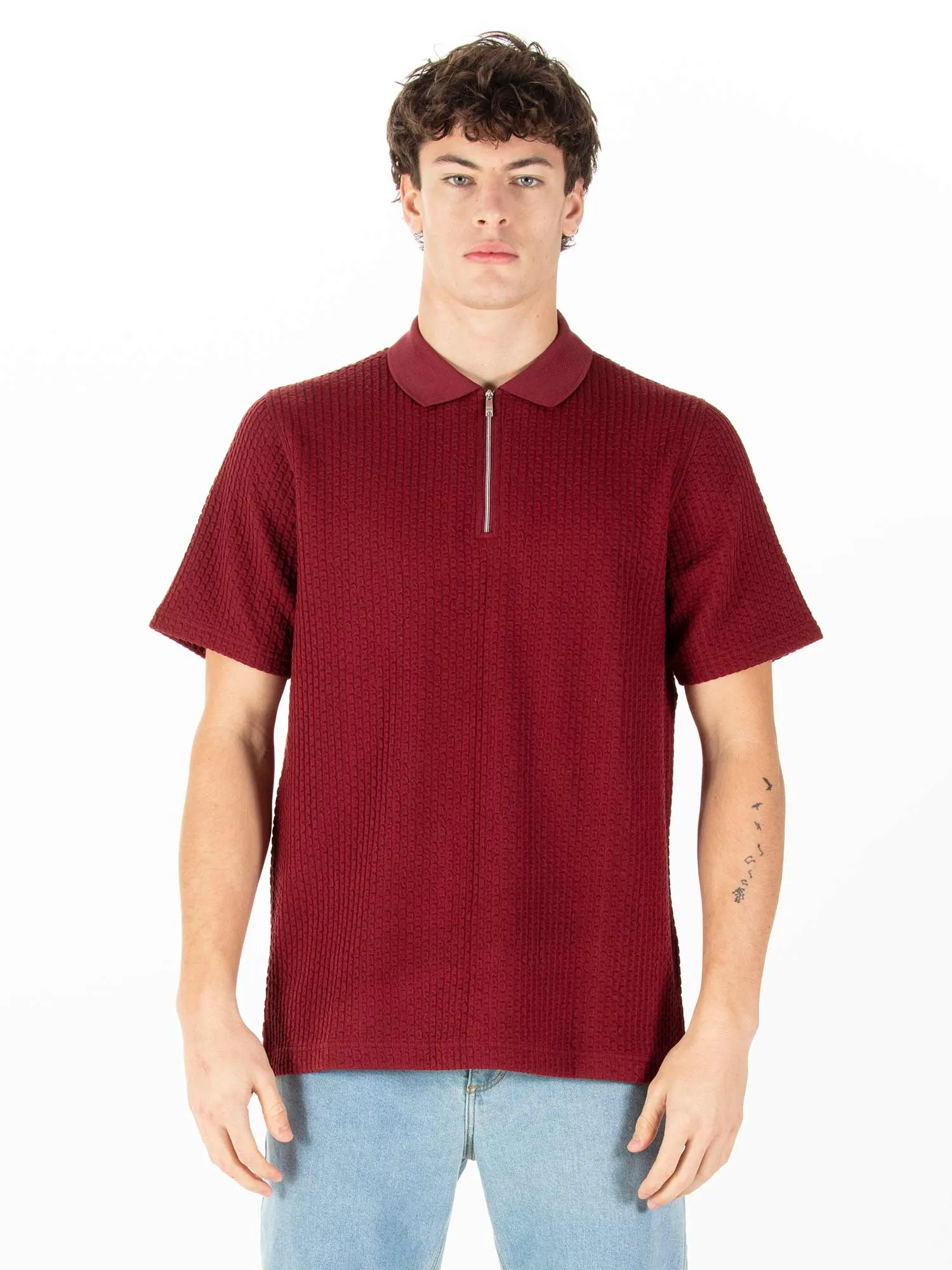 WAFFLE ON JACQUARD TEXTURED ZIP POLO sold by Luke 1977