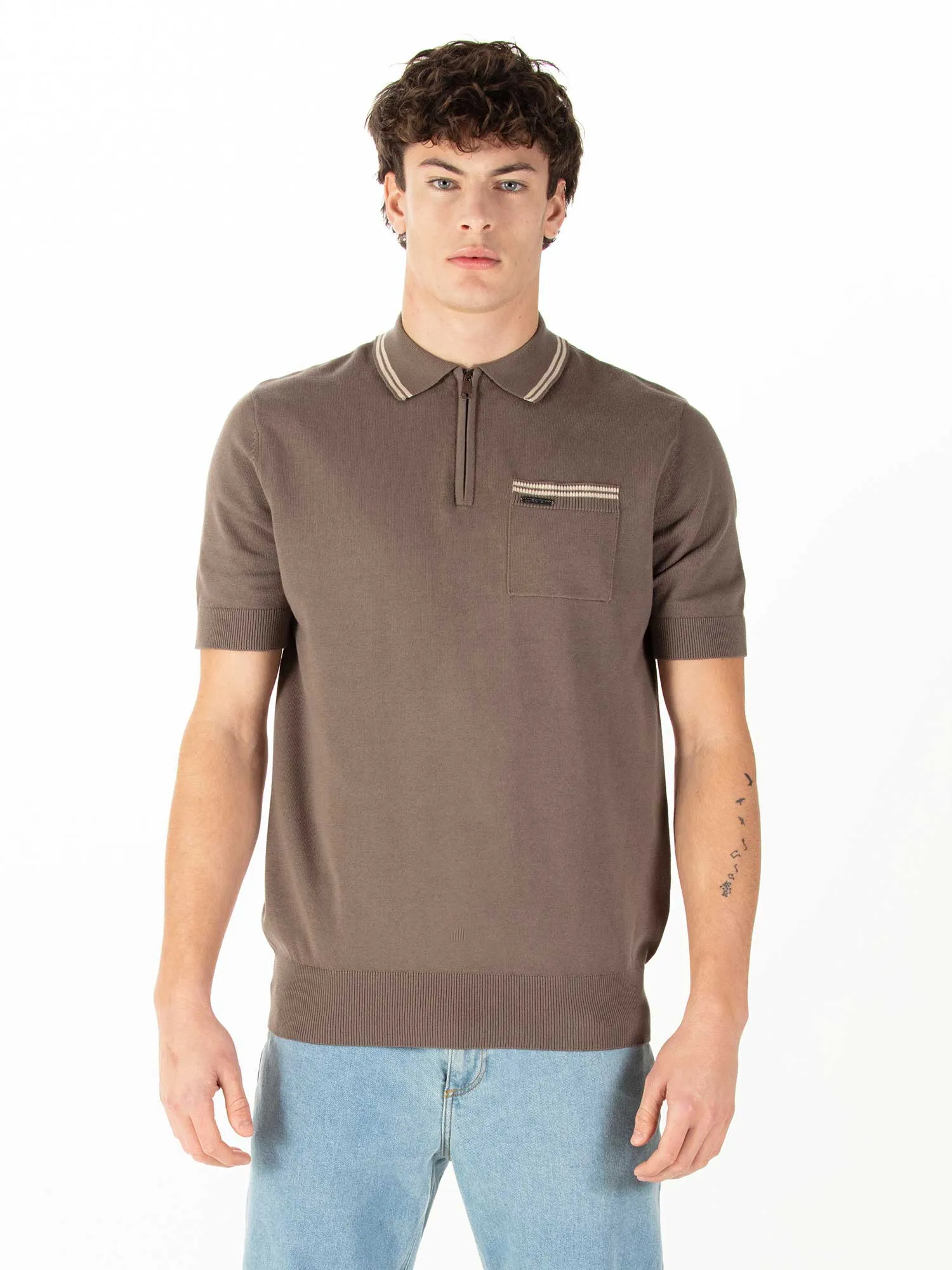 Sebaco Knitted Cotton Zip Neck Polo Shirt - Brown sold by Luke 1977