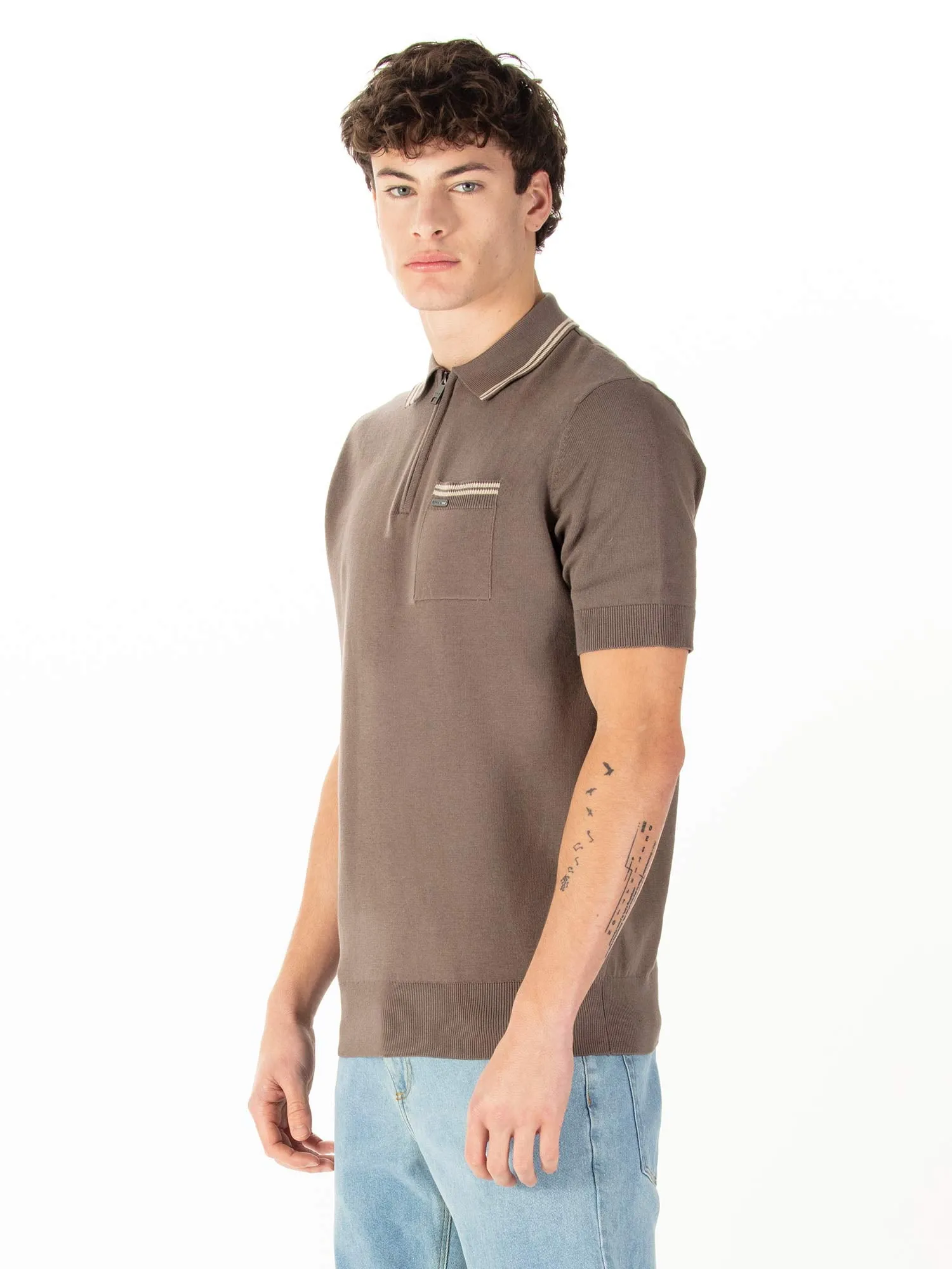 Sebaco Knitted Cotton Zip Neck Polo Shirt - Brown sold by Luke 1977 product image thumbnail 3