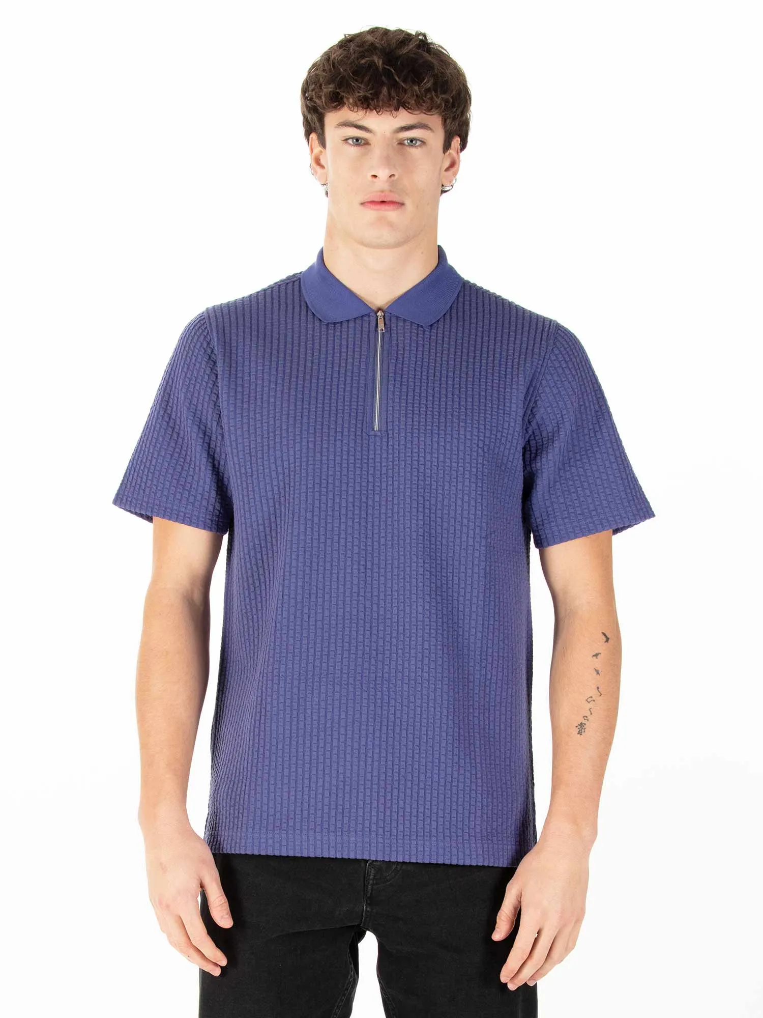 WAFFLE ON JACQUARD TEXTURED ZIP POLO sold by Luke 1977