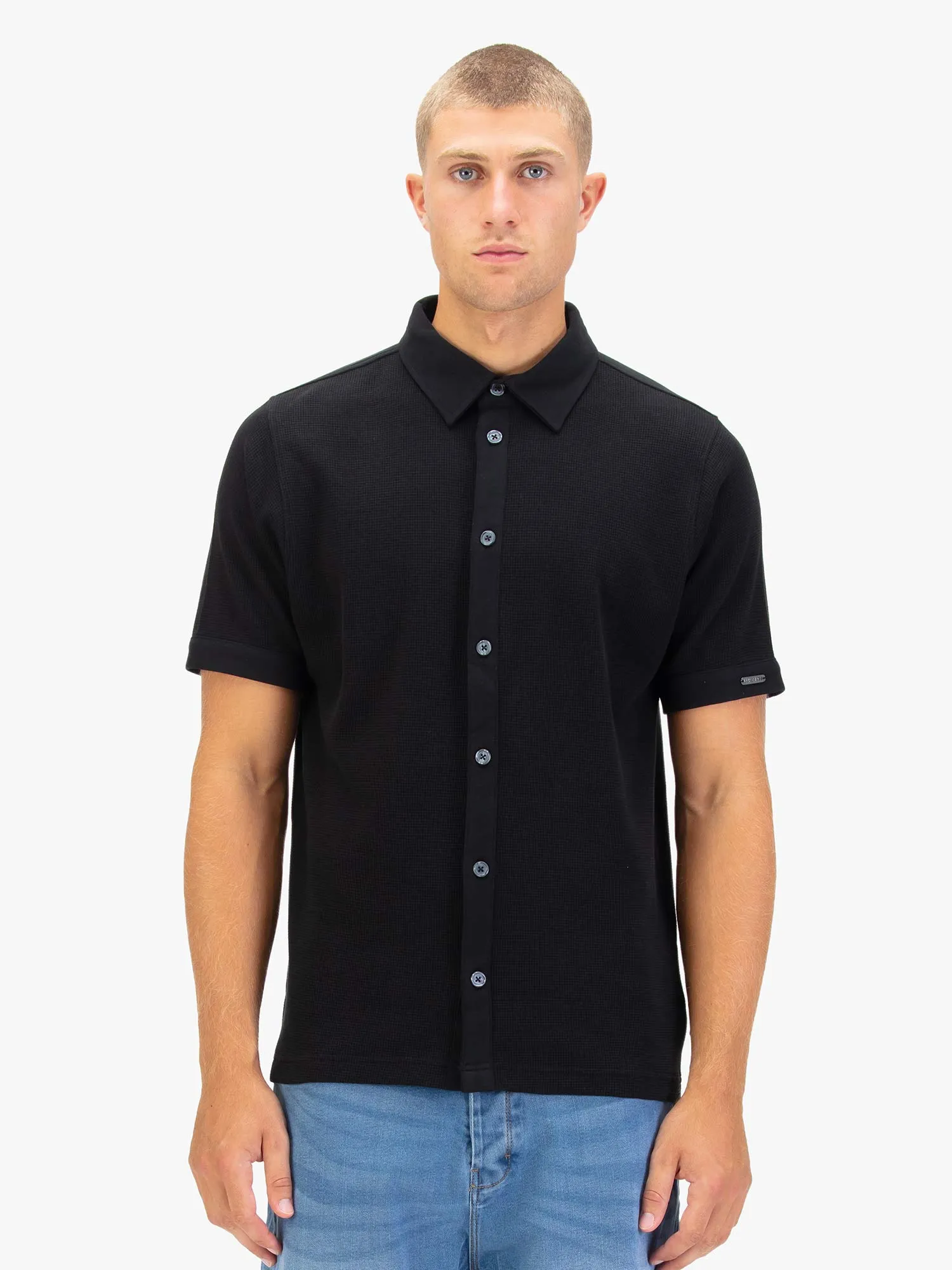 New Larry Textured Waffle Cotton Polo Shirt - Black sold by Luke 1977 product image thumbnail 2