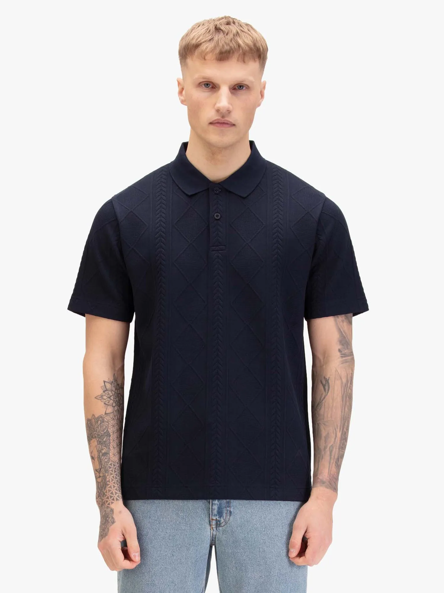 La Fe Argyle Textured Polo Shirt - Navy sold by Luke 1977 product image thumbnail 2
