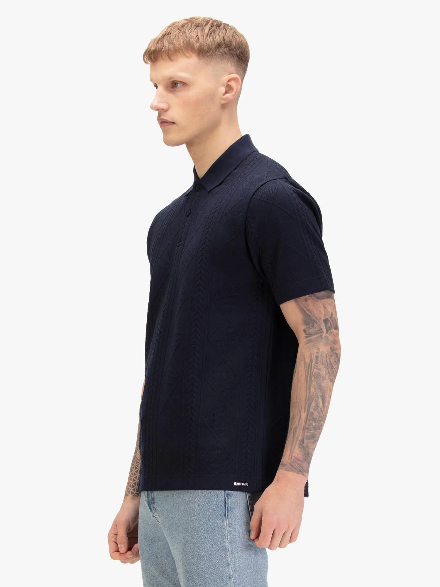 La Fe Argyle Textured Polo Shirt - Navy sold by Luke 1977 product image thumbnail 3