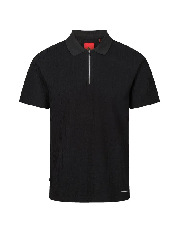 Waffle On Jacquard Textured Zip Polo Shirt - Black made by Luke 1977