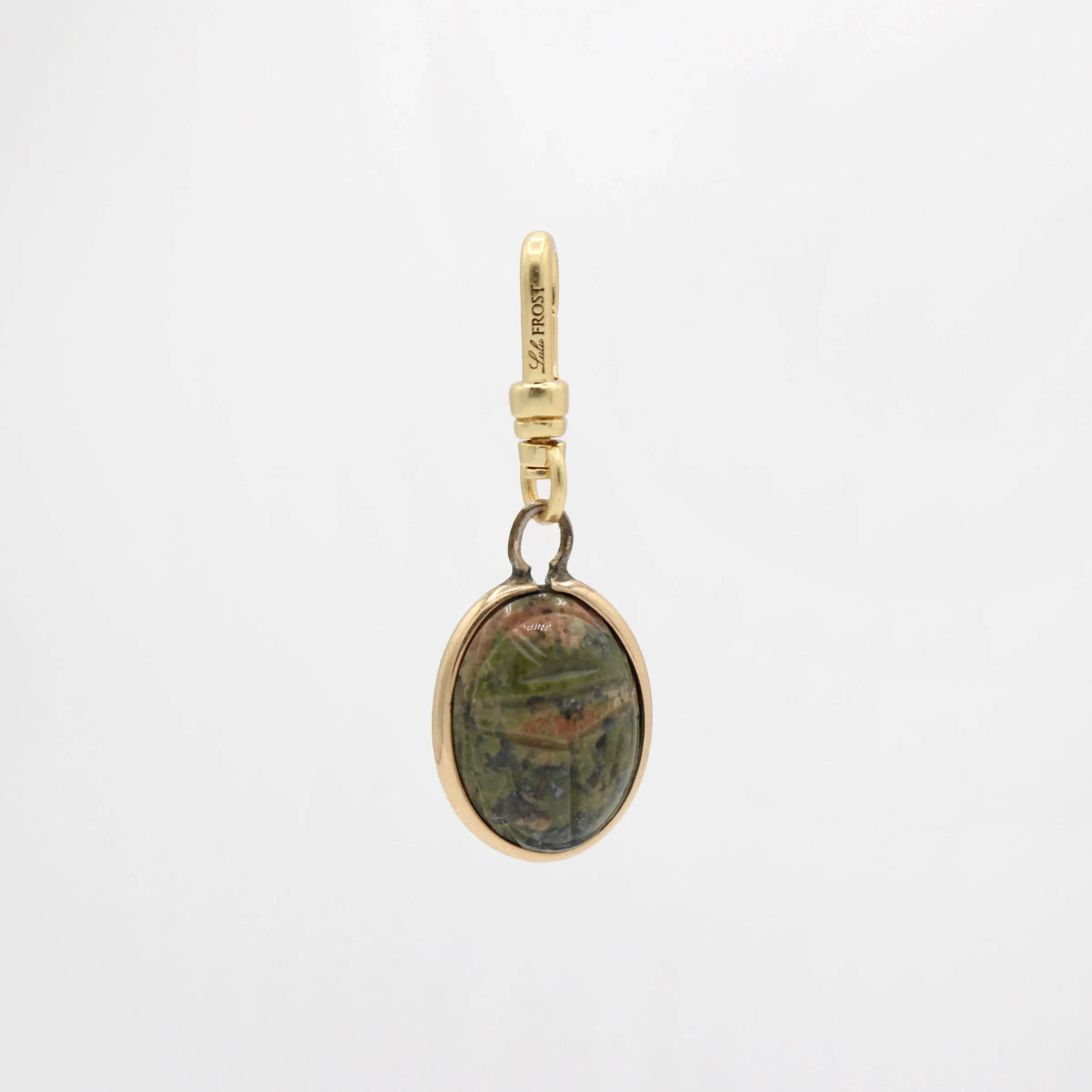 Antique Handcarved Mossy Agate Scarab Goldfill Ma'at Charm sold by Lulu Frost