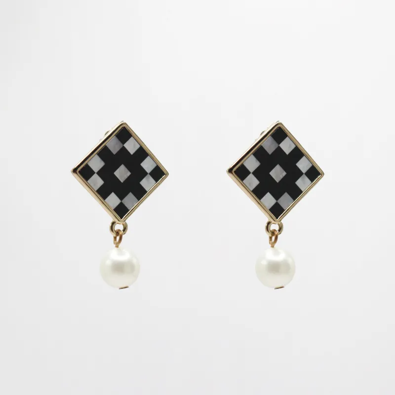 Archival Mother of Pearl Onxy Checkerboard Verushka Pearl Drop Stud sold by Lulu Frost