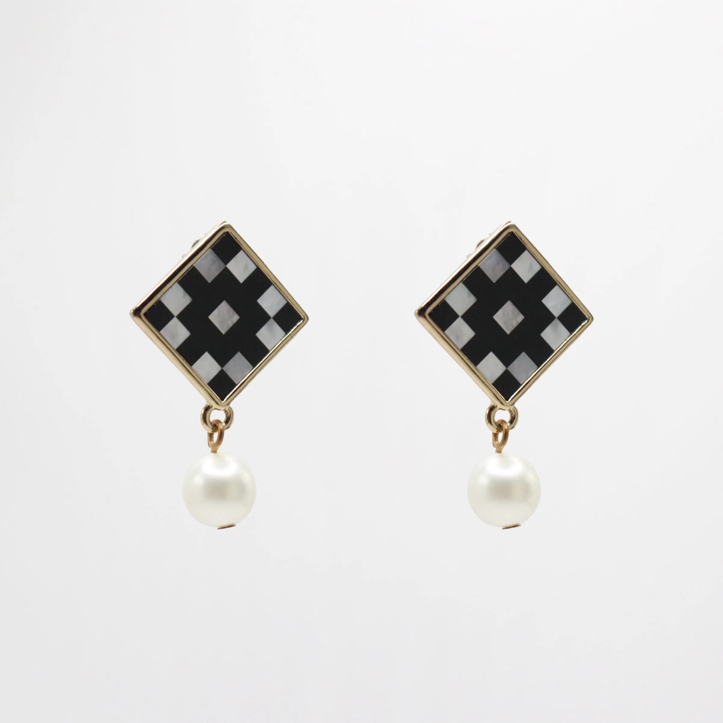 Archival Mother of Pearl Onxy Checkerboard Verushka Pearl Drop Stud sold by Lulu Frost