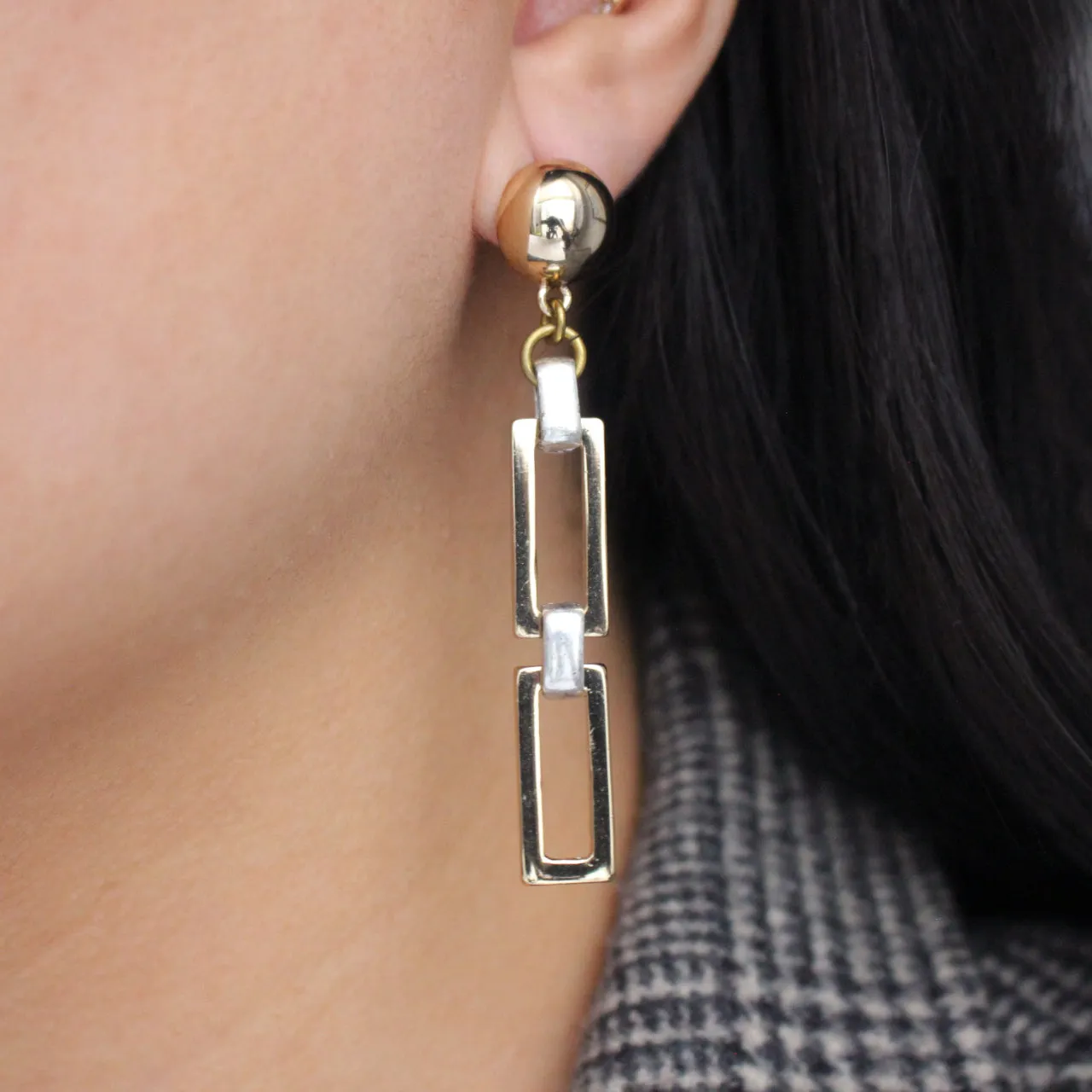 Gold Dome Stud 80s-Inspired Mixed Metal Rectangular Drop Earring sold by Lulu Frost product image thumbnail 2