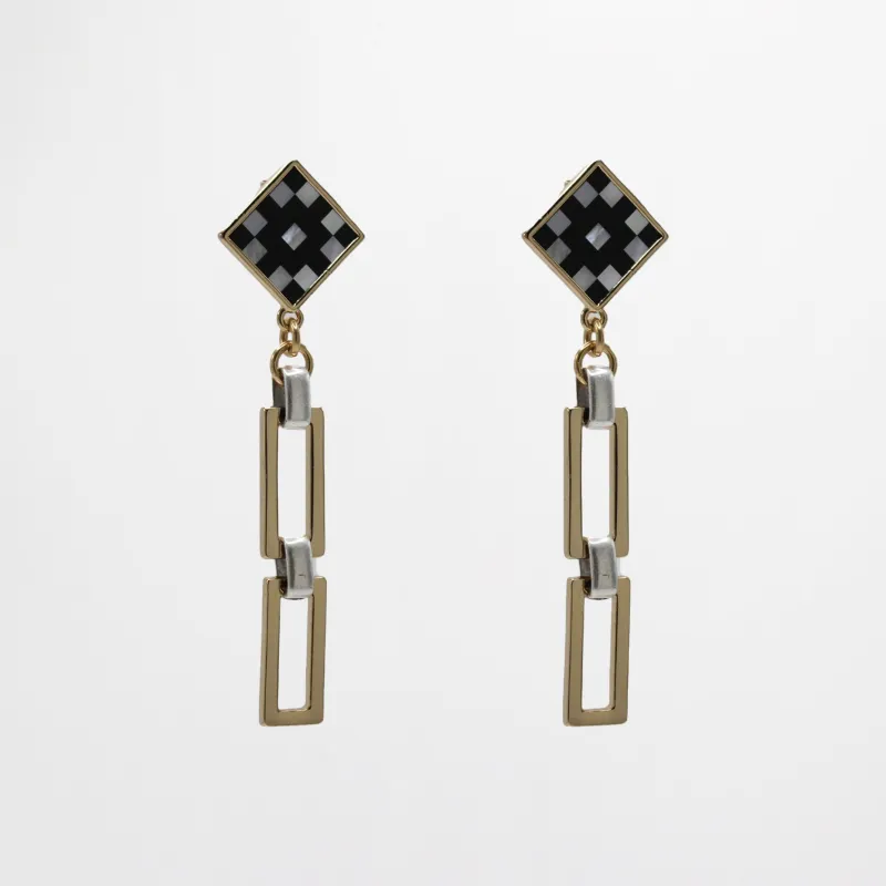 Mother of Pearl Onyx Handmade Checkerboard Verushka Mixed-Metal Link Earring sold by Lulu Frost