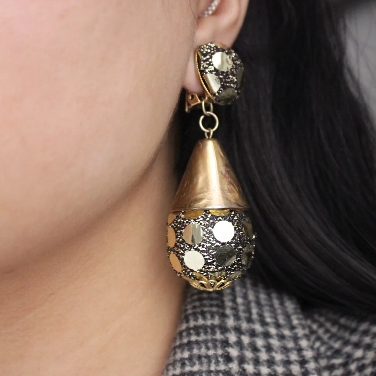 Vintage 80s Gold Sequin & Black Mesh Clip-On Earrings sold by Lulu Frost product image thumbnail 2