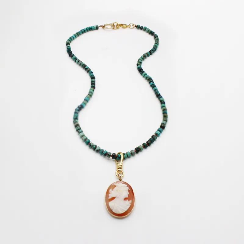 Vintage Handknotted Turquoise Beaded Carved Cameo Necklace sold by Lulu Frost