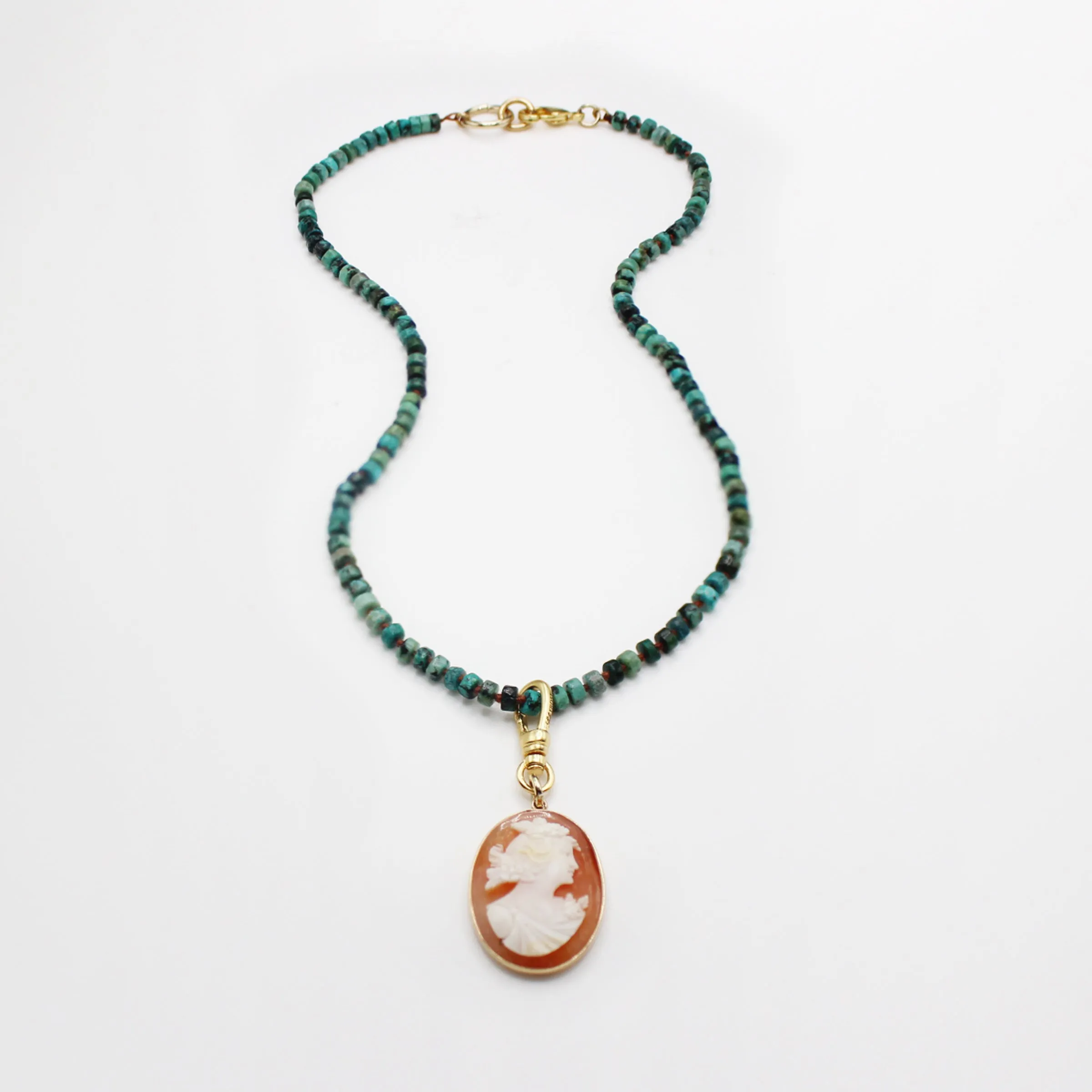 Vintage Handknotted Turquoise Beaded Carved Cameo Necklace sold by Lulu Frost