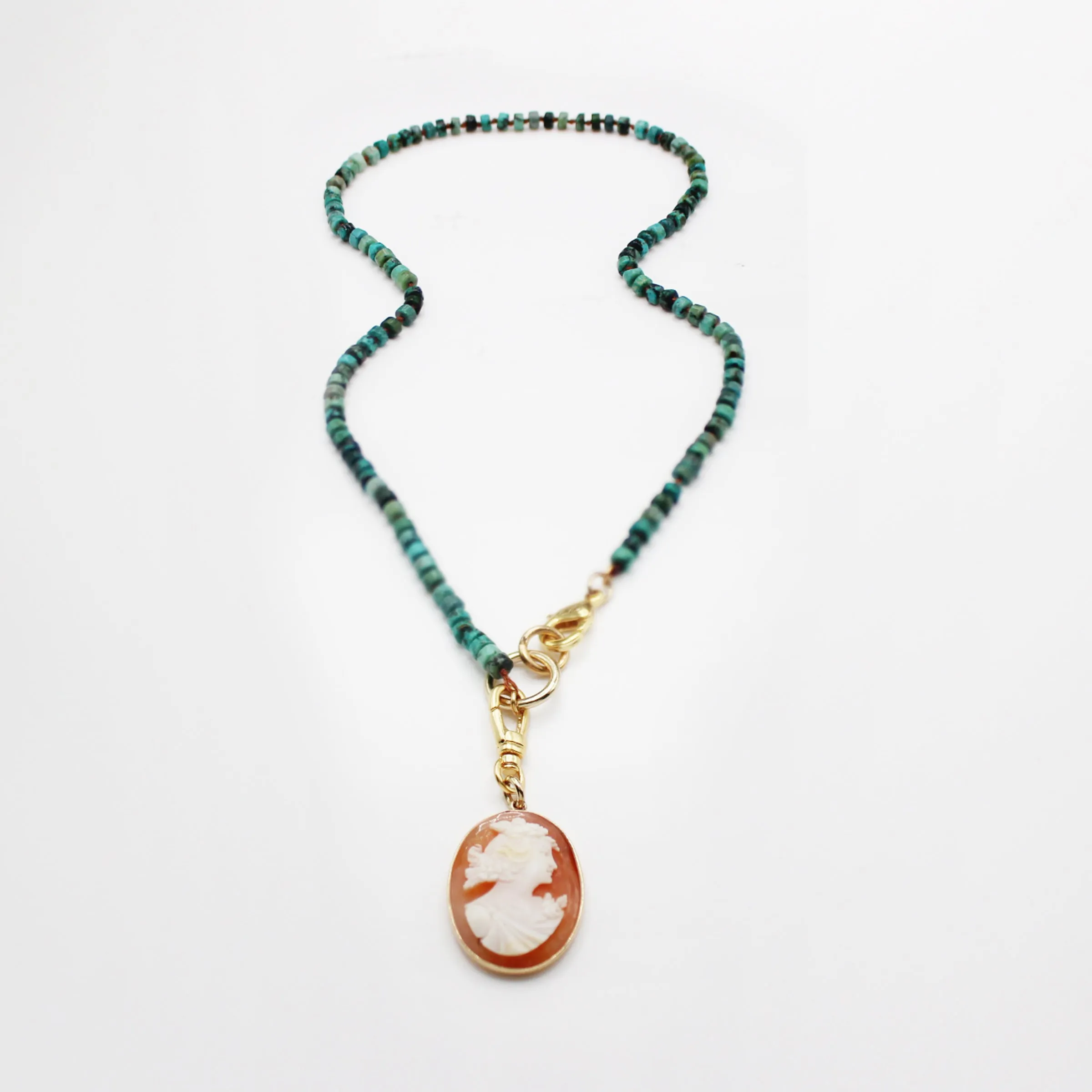 Vintage Handknotted Turquoise Beaded Carved Cameo Necklace sold by Lulu Frost product image thumbnail 4