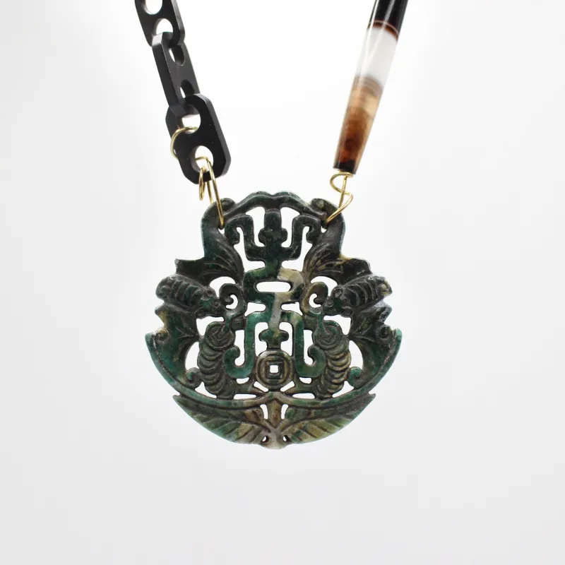 Santa Fe Deep Green Jade Hand Carved Pendant on Agate and Gutta Percha Antique Chain made by Lulu Frost