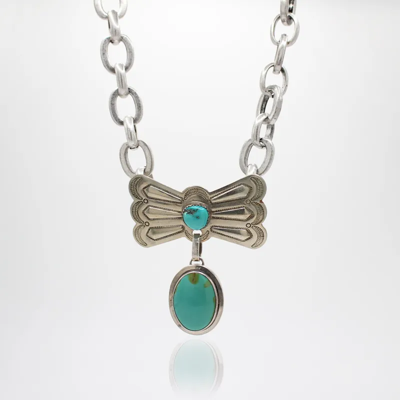 Santa Fe Silver Turquoise Concho Boss Necklace sold by Lulu Frost