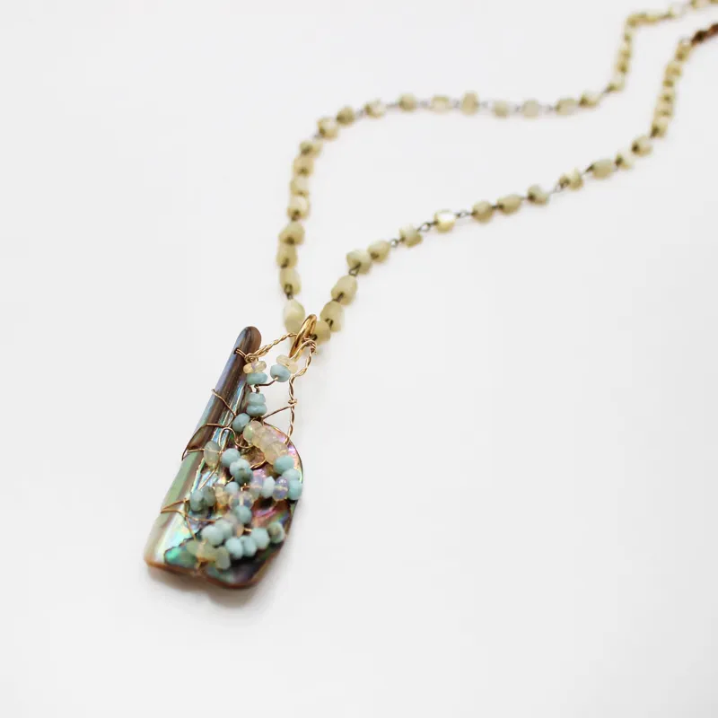 Santa Fe Abalone Wire Wrapped Opal Pendant Mother of Pearl Necklace sold by Lulu Frost