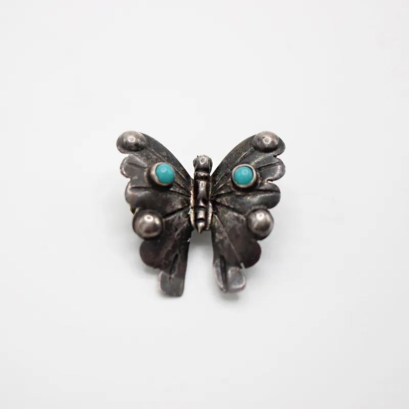 Santa Fe Antique Dine Navajo Handmade Sterling Turquoise Butterfly Pin sold by Lulu Frost