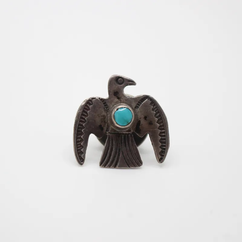 Santa Fe Antique Sterling Silver Original Patina Turquoise Thunderbird Pin sold by Lulu Frost