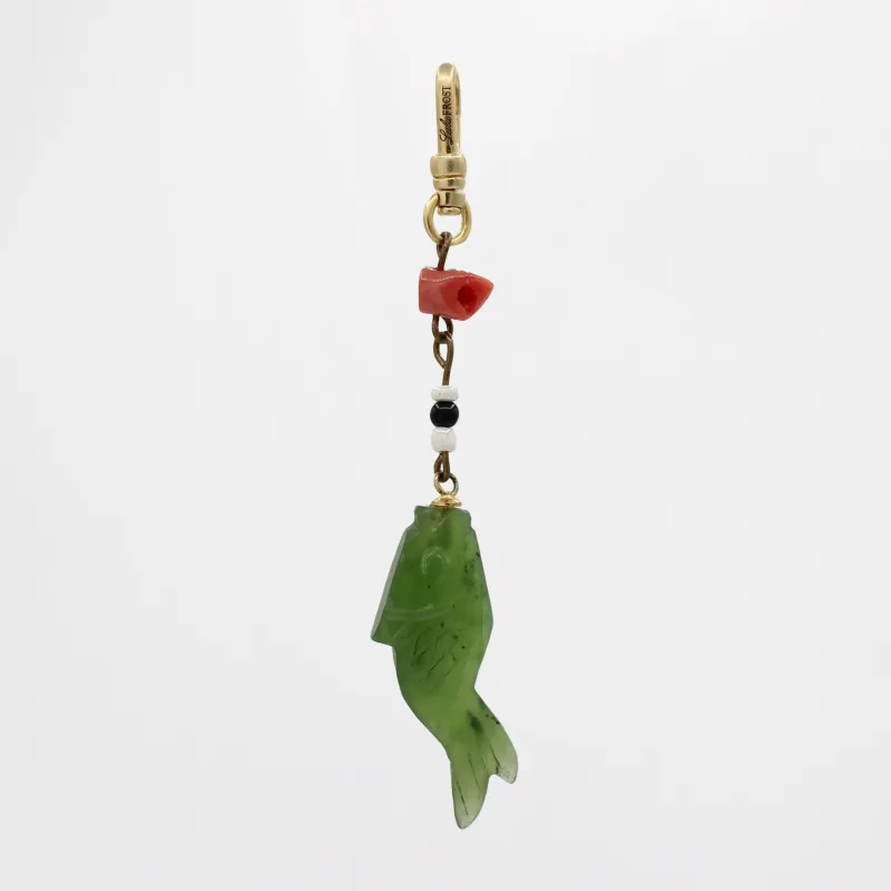 Fabulous Antique Hand Carved Jade Koi Fish with Antique Bead & C0ral Charm sold by Lulu Frost