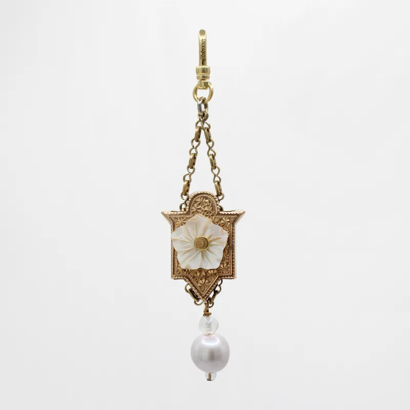 Spinning Mother of Pearl Bloom On Goldfill Slider Victorian Pearl Drop Charlene Charm sold by Lulu Frost
