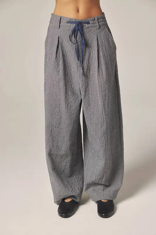 Plaid drawstring wide pants made by amente