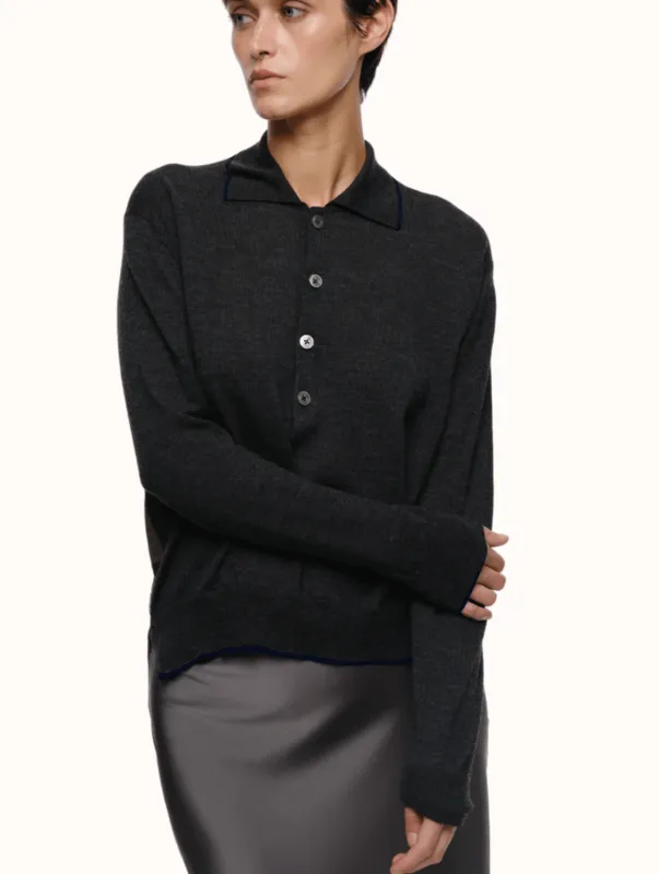 Eolas Black Cass Polo in Extra Fine Merino Wool made by Lulu Frost
