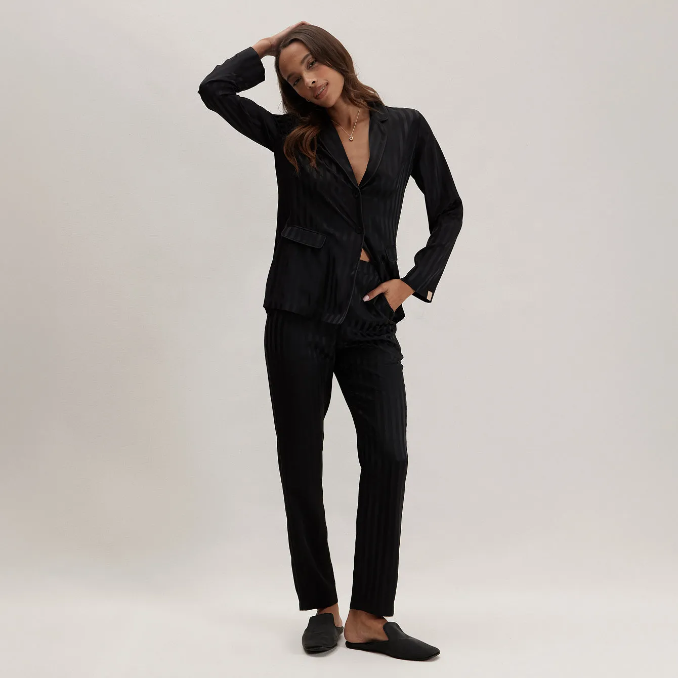 Silk Striped Jacquard Tuxedo Pajama Set sold by lunya