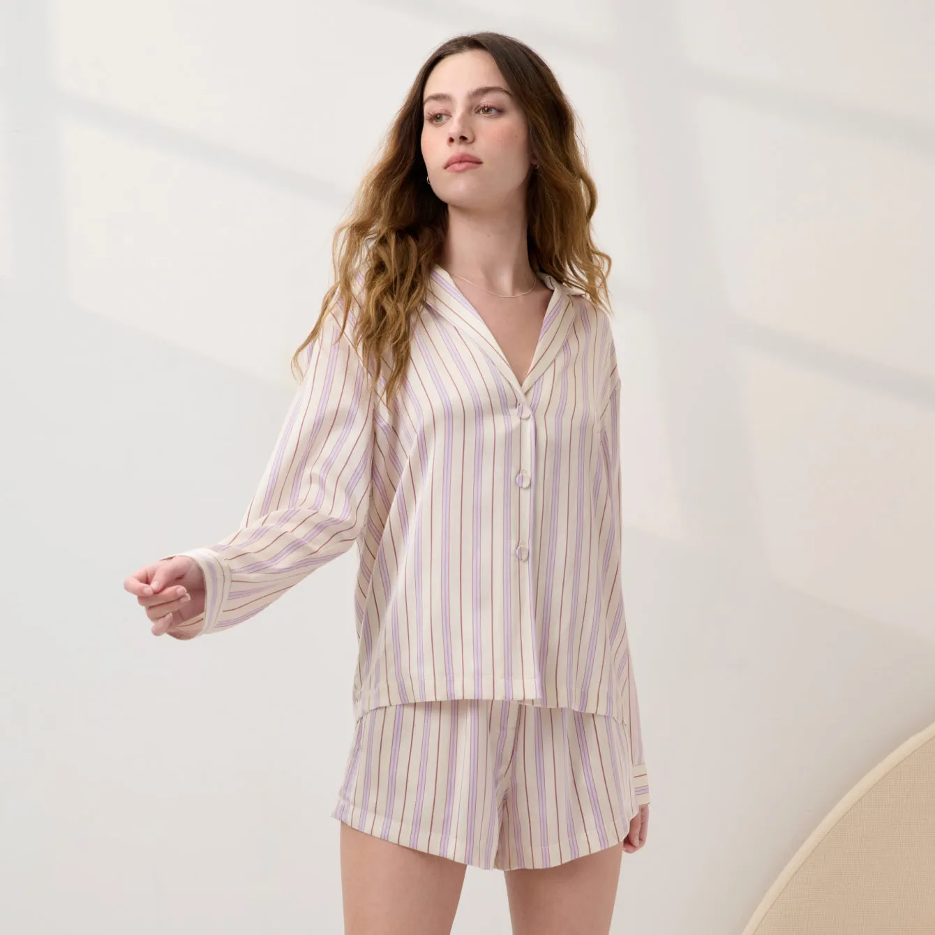 Washable Silk Button Up Long Sleeve Short Set sold by lunya