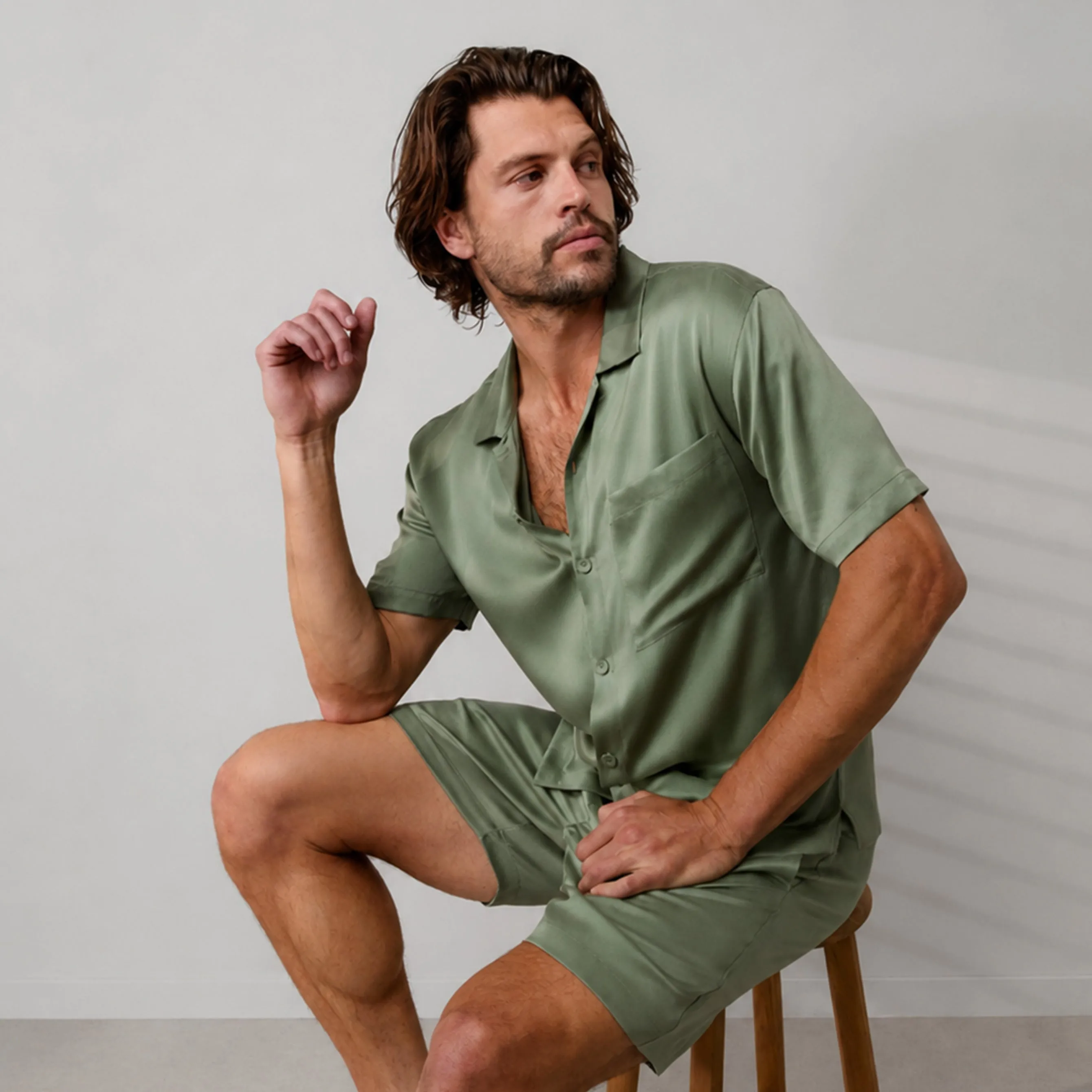 Men's Washable Silk Button Up Short Set sold by lunya