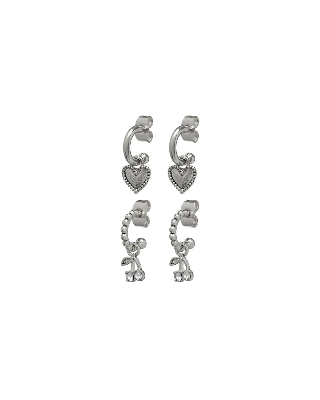 Cherry + Heart Studded Huggies- Silver sold by Luv Aj