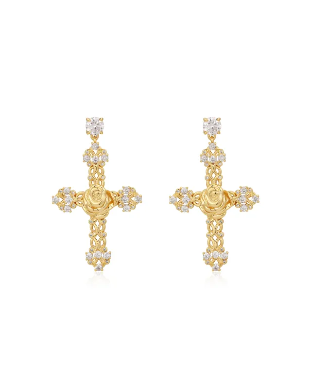 Rosa Cross Statement Earrings- Gold sold by Luv Aj