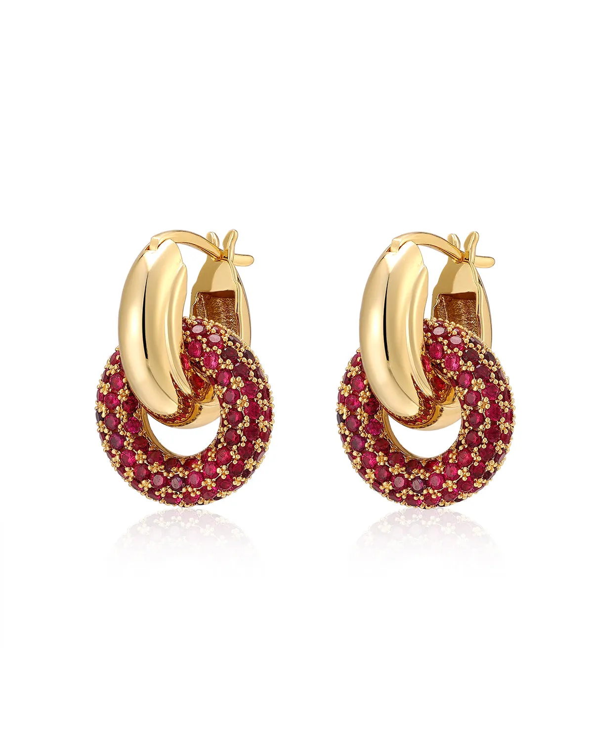 Pave Interlock Hoops- Ruby Red- Gold sold by Luv Aj