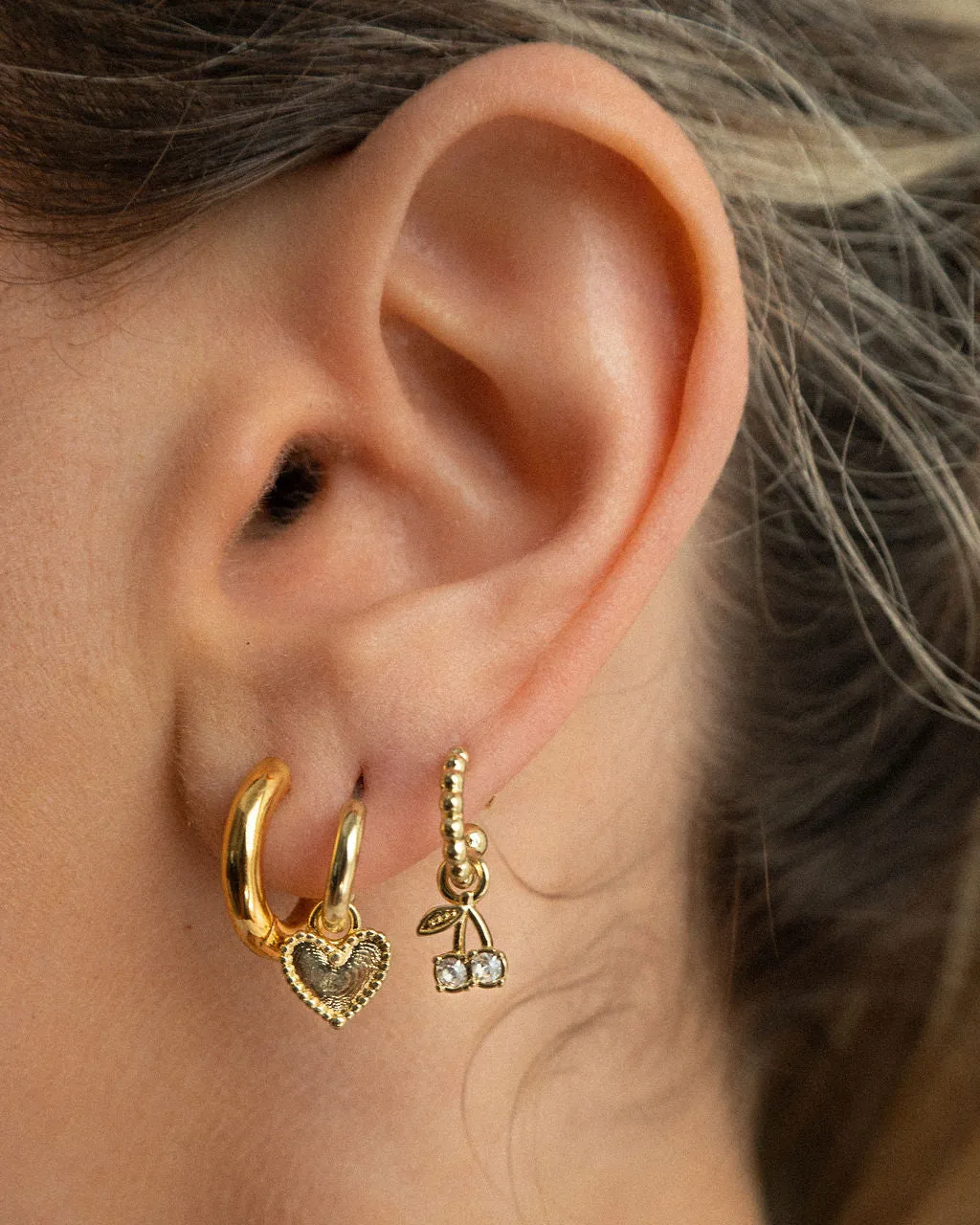 Cherry + Heart Studded Huggies- Gold sold by Luv Aj product image thumbnail 3