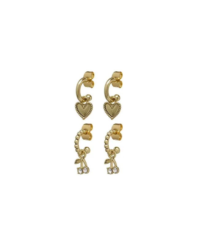 Cherry + Heart Studded Huggies- Gold made by Luv Aj