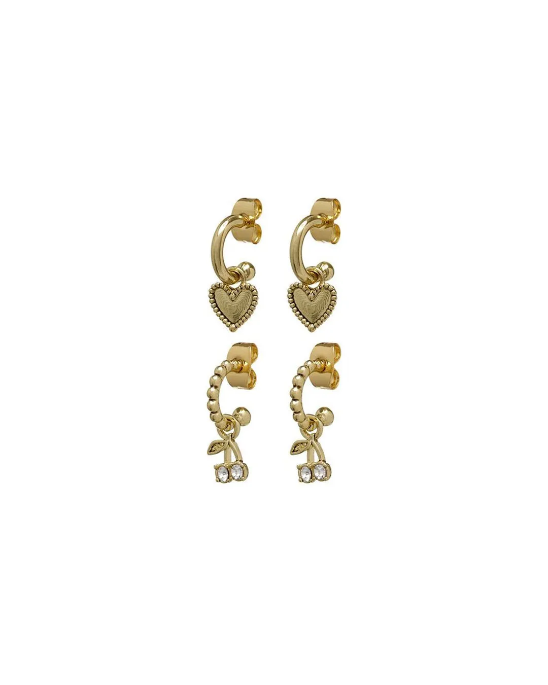 Cherry + Heart Studded Huggies- Gold sold by Luv Aj