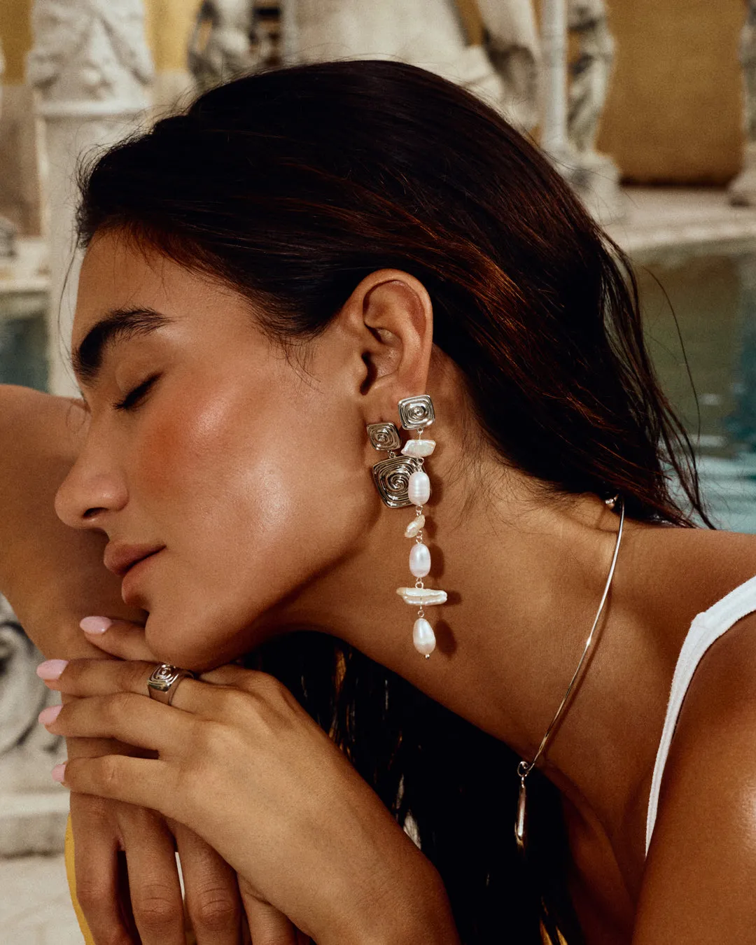 The Seychelles Pearl Drop Studs- Silver sold by Luv Aj product image thumbnail 4