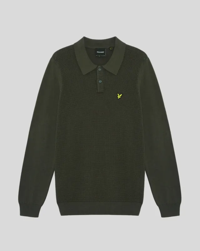 Waffle Knitted Long Sleeve Polo Shirt made by Lyle & Scott