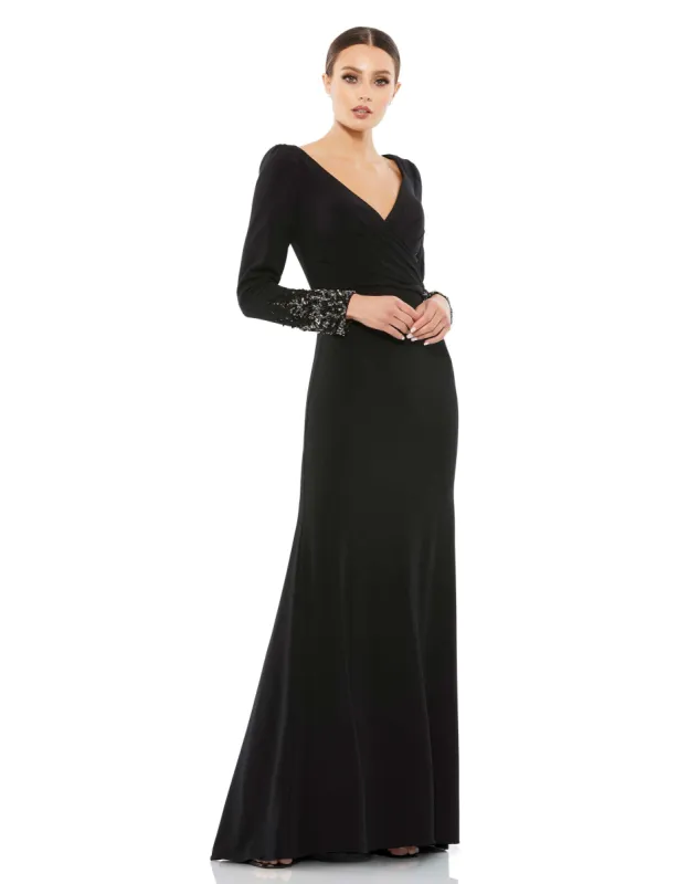 Black Beaded Cuff Long Sleeve Wrap Over Trumpet Gown sold by Mac Duggal