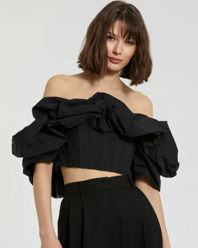 Black Faille Off The Shoulder Bustier Ruffle Top - FINAL SALE sold by Mac Duggal