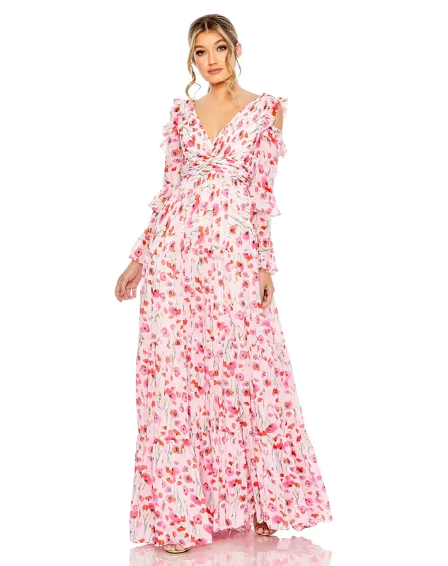 Pink Ruffle Sleeve Floral Print Gown sold by Mac Duggal