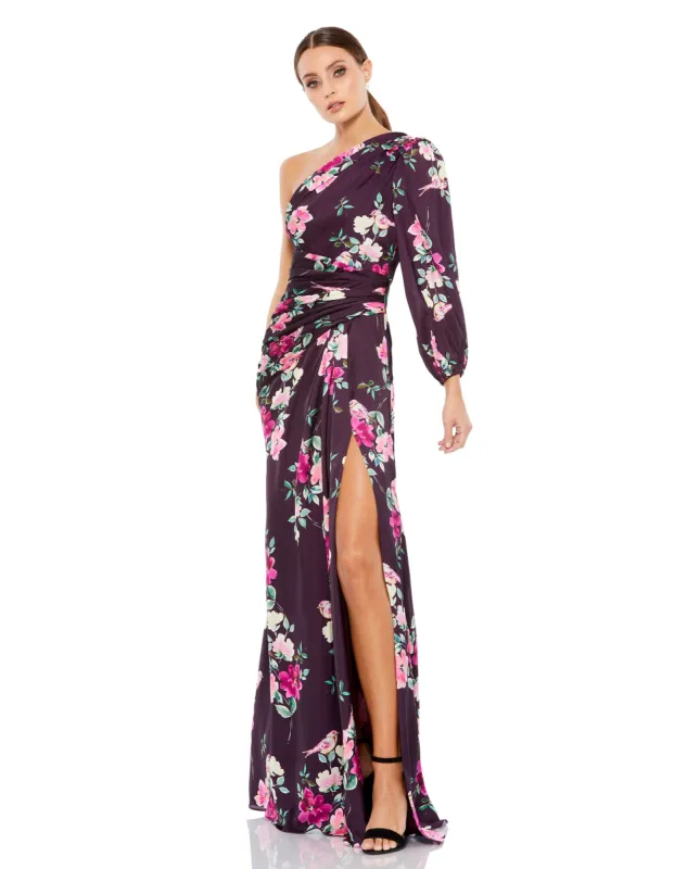 Purple One Sleeve Floral Print Charmeuse Gown With Slit sold by Mac Duggal