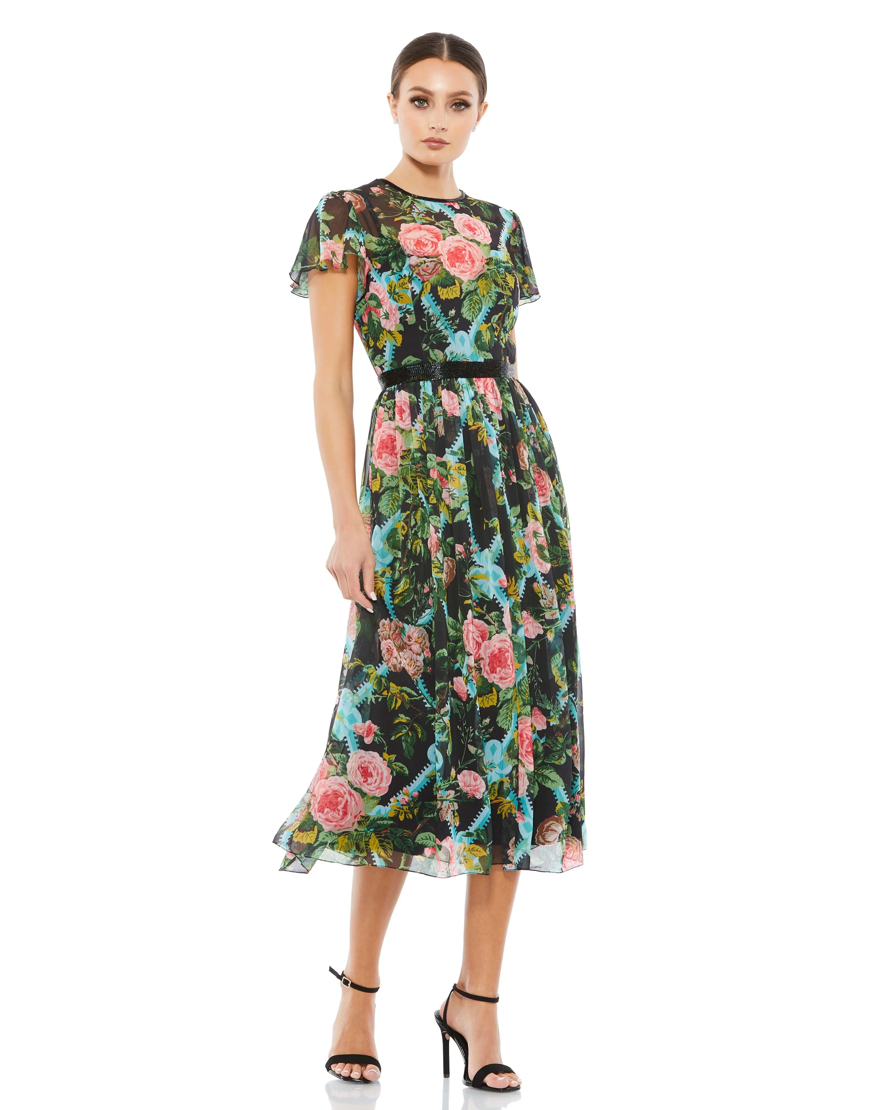 Multicolor Floral Illusion Cap Sleeve Midi Dress sold by Mac Duggal