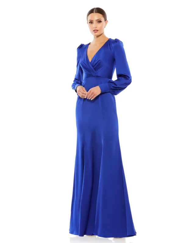 Blue Satin Ruched Bishop Sleeve Gown sold by Mac Duggal