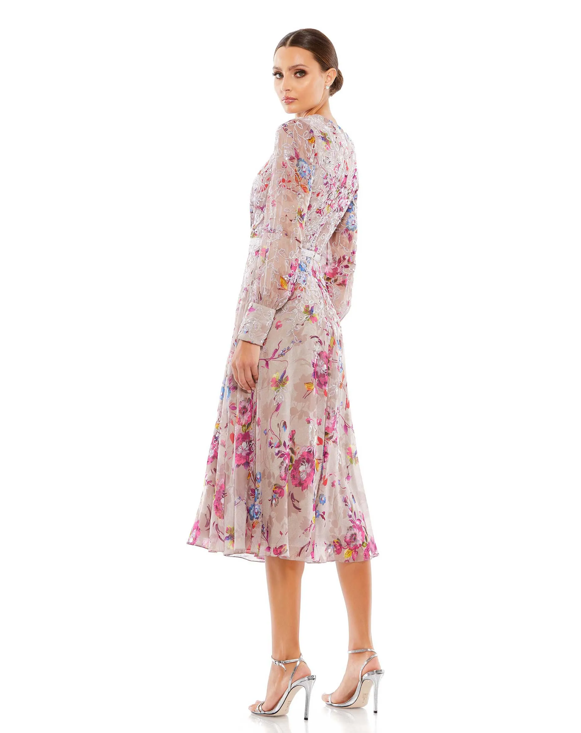Multicolor Hand Embellished Floral Long Sleeve Midi Dress sold by Mac Duggal product image thumbnail 3